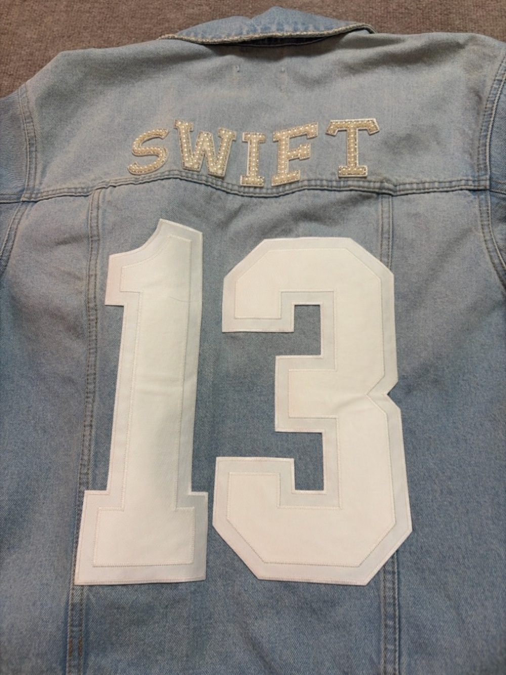 Taylor Swift Inspired Denim Jacket Pearl Studded “Swift 13” Light Wash Size L - Picture 7 of 7